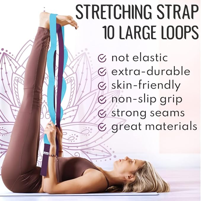 TECEUM Stretching Strap for Yoga & Physical Therapy – 10 Loops – Non-Elastic Leg Stretch Straps for Stretching, Exercising, Pilates, Post-Injury Rehabilitation for All Levels – Men & Women-GravixFit