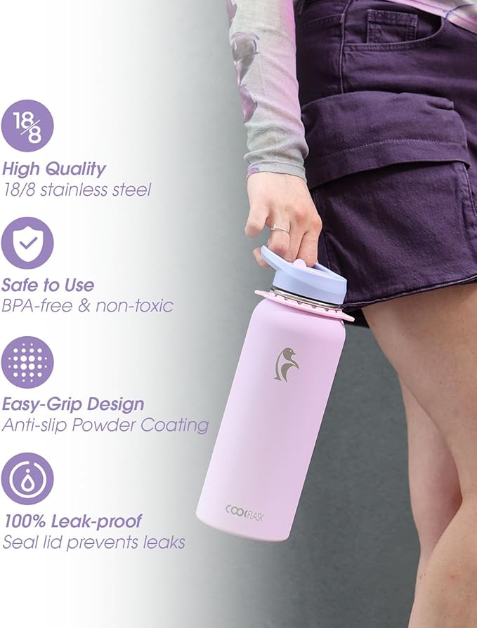 Coolflask Water Bottle with Straw, 32 oz Insulated Metal Water Flask with Straw & Spout Lids, Stainless Steel Double Wall Vacuum, Keep Cold 48h Hot 24h, Leak Proof & Non-BPA, Lavender-GravixFit