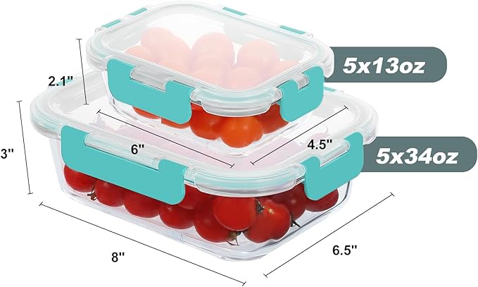 10 Pack Glass Food Storage Containers, Meal Prep Containers with Lids, Airtight Glass Lunch Boxes, Freezer, Oven, and Microwave Safe, Green-GravixFit