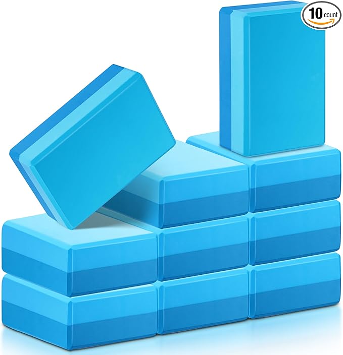 Liliful 10 Pcs Yoga Blocks Bulk Eva Foam Exercise Yoga Brick Soft Non Slip Surface Foam Blocks High Density Yoga Accessories for Workout Stability Balance Deepen Stretches Pilates 9''x6''x3''(Blue)-GravixFit