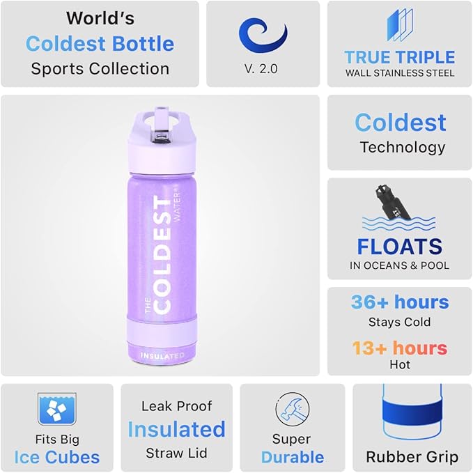 Coldest Insulated Water Bottle with Straw Lid - Stainless Steel Metal Insulated Bottle for Men & Women (Saturn's Moon Purple Glitter, 18 oz)-GravixFit