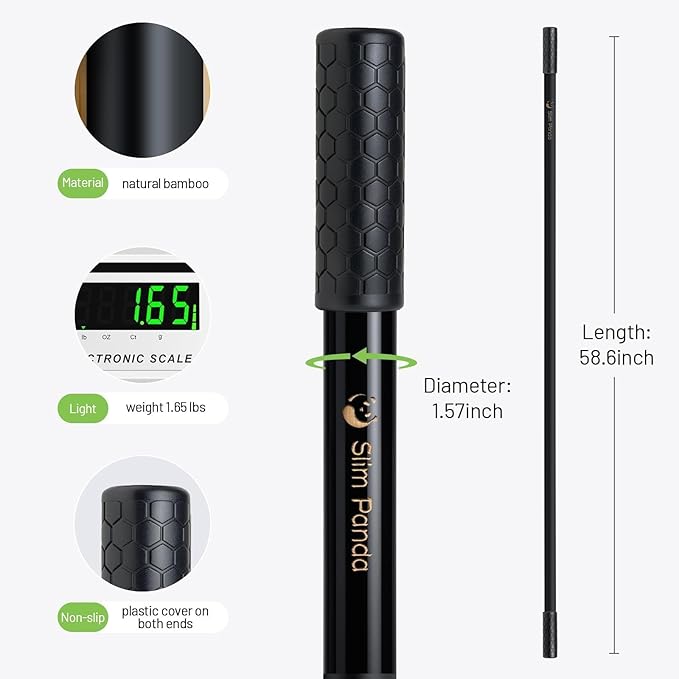 Slim Panda Yoga Stick, 5ft Natural Bamboo Stick with Rubber Ends, Exercise Stretching Stick for Yoga, Stretching, Balance and Correcting Posture, Rehabilitation Physical Therapy Aids-GravixFit