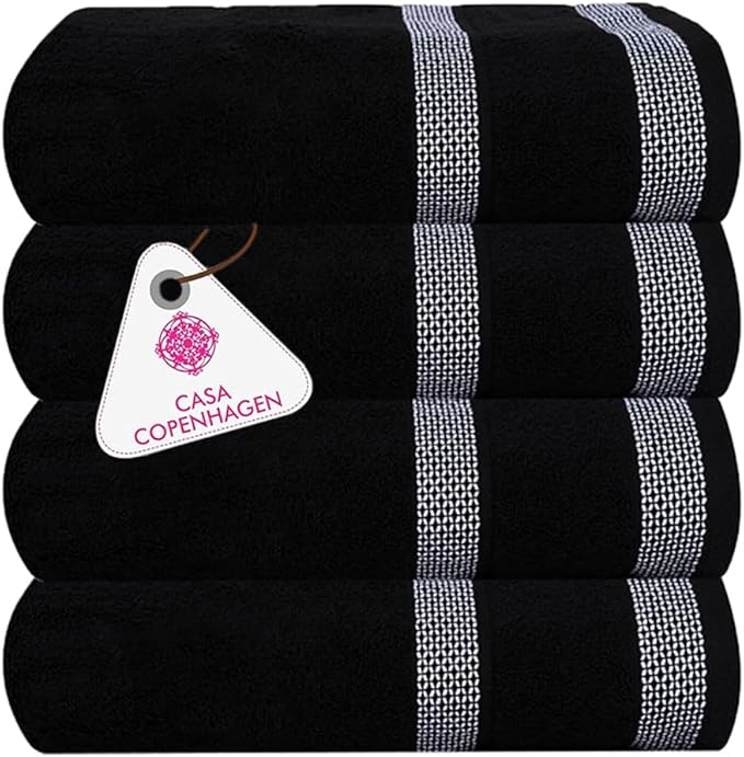 CASA COPENHAGEN Solitaire Towels, 4 Pieces Bath Towel Set- Black, 600 GSM Designed in Denmark Made of Soft Egyptian Cotton for Bathroom, Kitchen & Shower-GravixFit