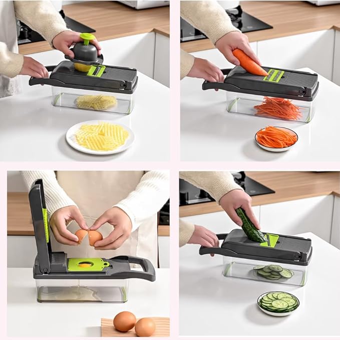16-in-1 Ultimate Vegetable Chopper & Mandoline Slicer – Multi-Blade Food Dicer, Spiralizer, Grater & Cutter with Container – Kitchen Gadget for Fruits, Veggies, Cheese – Black & Green-GravixFit