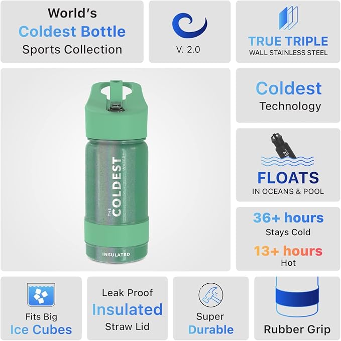 Coldest Insulated Water Bottle with Straw Lid - Stainless Steel Metal Insulated Bottle for Men & Women (Green Aurora Glitter, 14 oz)-GravixFit