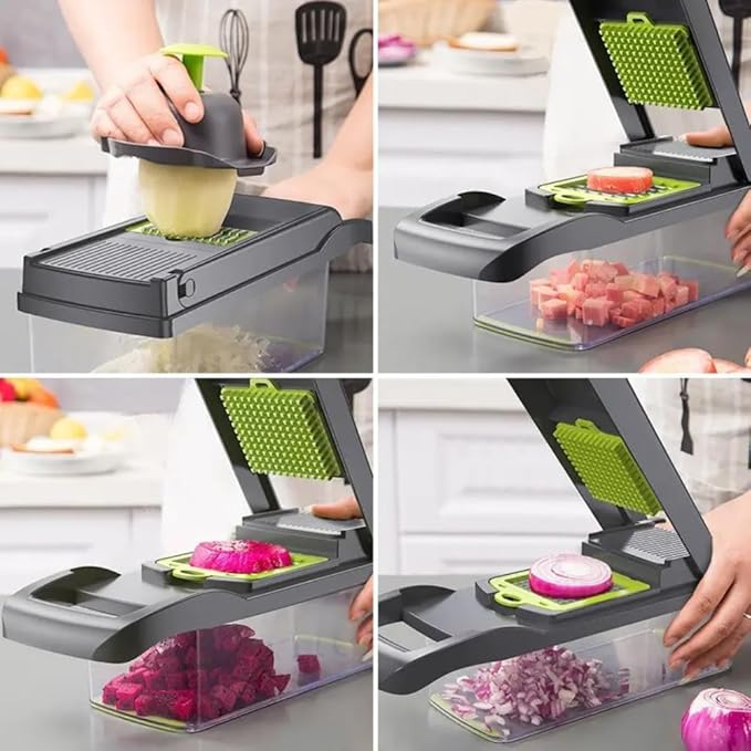 16-in-1 Ultimate Vegetable Chopper & Mandoline Slicer – Multi-Blade Food Dicer, Spiralizer, Grater & Cutter with Container – Kitchen Gadget for Fruits, Veggies, Cheese – Black & Green-GravixFit