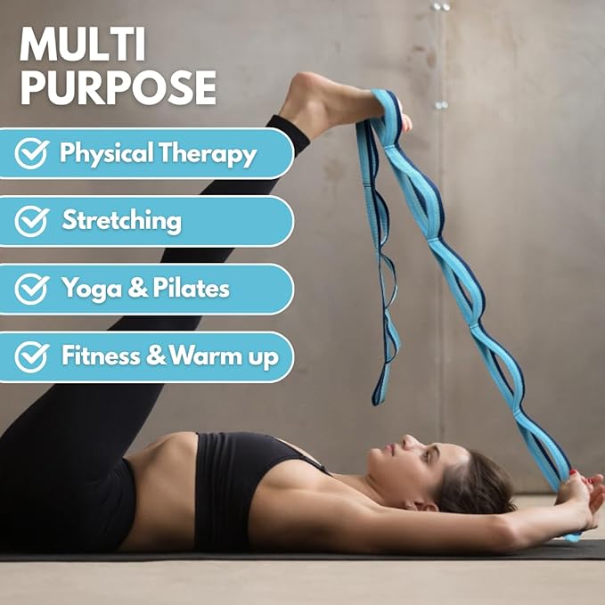 California Yoga Strap | Yoga Belt with Loops | 12 Multi Loop & Non-Elastic | Stretching Strap | Gym Workout & Exercise Bands | Physical Therapy | Improves Sitting Posture for Women & Men-GravixFit