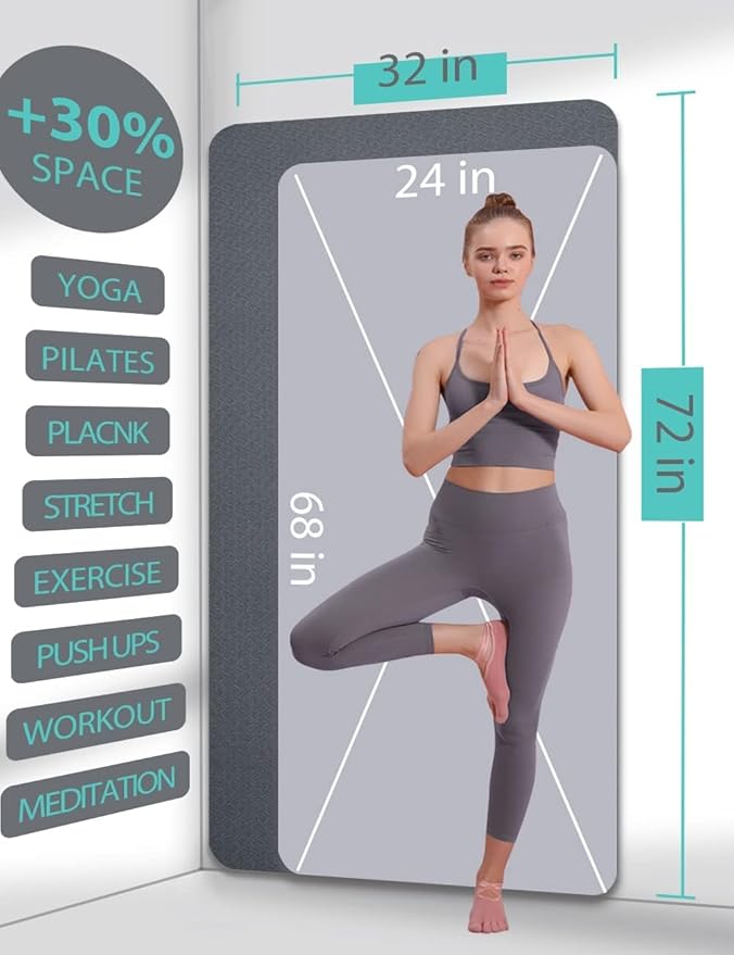 Yoga Mat Double-Sided Non Slip, 72'' x 32'' x 7mm - Extra Wide & Thick Yoga Mat for Women Men Kids, Professional TPE Yoga Mats for Home Workout, Yoga, Pilates and Floor Exercise, with Carrier Strap-GravixFit