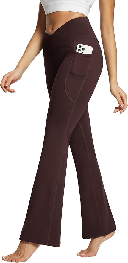 baleaf Women's V Crossover Flare Leggings with Pockets Yoga Pants High Waist Casual Workout Gym Bell Bottom Leggings-GravixFit