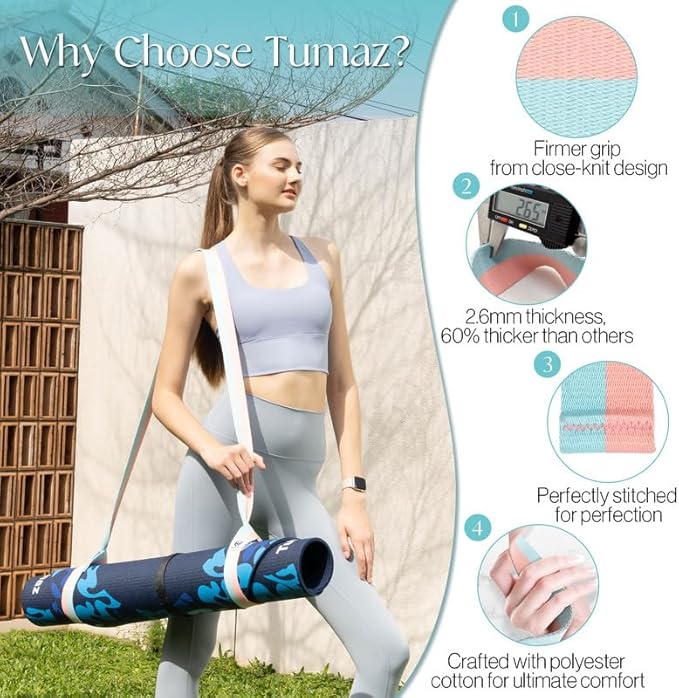 Tumaz Yoga Mat Strap [MAT NOT Included] (2 Sizes) with Extra Thick & Comfy Delicate Texture, Adjustable Yoga Mat Carrier-GravixFit
