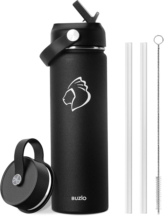 BUZIO 24 oz Insulated Water Bottle, Stainless Steel Wide Mouth Water Flask with Straw Lid, Cold for 48 Hrs Leak Proof Metal Hydro Thermo Canteen Mug, Black-GravixFit