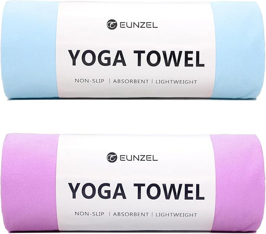 Eunzel 2 Pack Hot Yoga Towel Non Slip Yoga Mat Towel Non-Slip Sweat Absorbent Microfiber Towel for Hot Yoga, Pilates and Workout 72" x 26.5", Blue/Purple-GravixFit