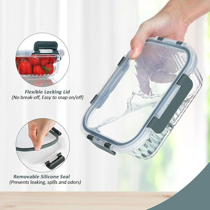 10 Packs Glass Meal Prep Containers with Lids, Glass Food Storage Containers Set, Airtight Lunch Containers, Microwave, Oven, Freezer and Dishwasher Safe, Gray-GravixFit