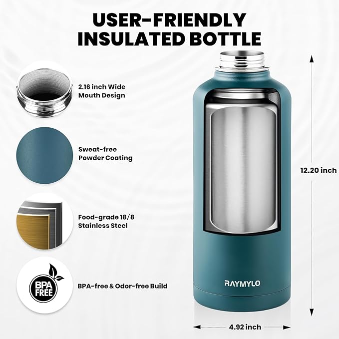 Insulated Water Bottle 87 oz, Triple Wall Vacuum Stainless Steel (Cold for 48 Hrs), Leak Proof & Non-BPA, Modern Water Flask Jug with Paracord Handle & Straw Spout Lids, Dark Green-GravixFit