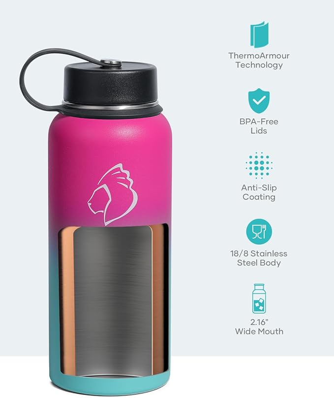 BUZIO Insulated Water Bottle with Straw Lid and Flex Cap, 32oz Double Wall Vacuum Stainless Steel Thermo with Wide Mouth Lid, Cold 48 Hrs Hot 24 Hrs Sweat Proof Flask, Rose and Green-GravixFit