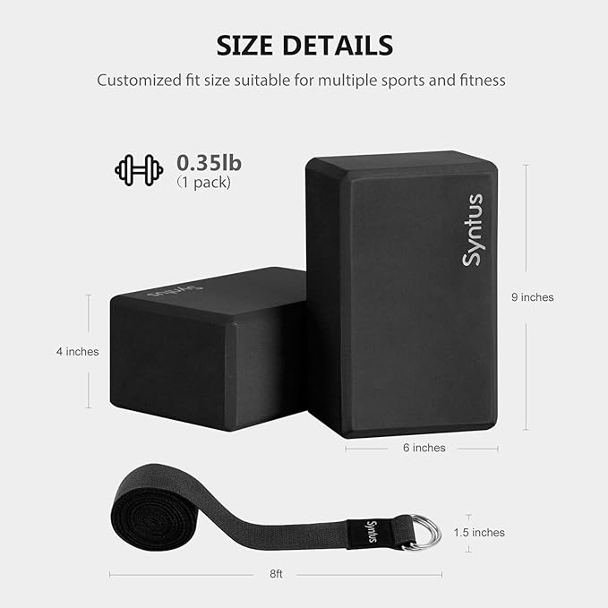 Syntus Yoga Block and Yoga Strap Set, 2 Soft Non-Slip Yoga Blocks 9×6×4 inches, 8FT Metal D-Ring Strap for Yoga, General Fitness, Pilates, Stretching and Toning-GravixFit