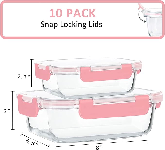 M MCIRCO [10-Pack Meal Prep Containers with Snap Locking Lids, Glass Airtight Lunch, Food Storage Containers, Microwave, Oven, Freezer and Dishwasher Friendly, Pink-GravixFit