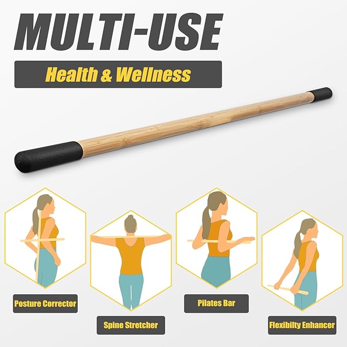 Bamboo Stretch Yoga Stick, 5ft/149 cm, Flexibility Stick for Physical Therapy, Premium Yoga Dowel with Super Sturdy Rubber Handle Ends, Exercise Bar for Posture Corrector-GravixFit