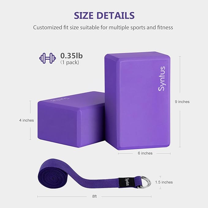 Syntus Yoga Block and Yoga Strap Set, 2 Soft Non-Slip Yoga Blocks 9×6×4 inches, 8FT Metal D-Ring Strap for Yoga, General Fitness, Pilates, Stretching and Toning-GravixFit