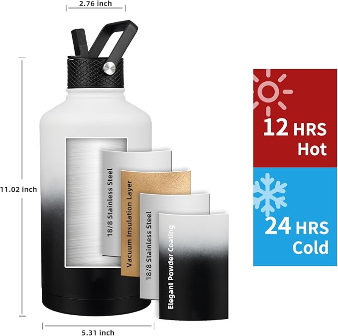 Insulated Water Bottle 64oz,Triple Wall Vacuum Stainless Steel(Dishwasher Safe),Leak Proof & Non-BPA,Flask Jug with Paracord Handle & Straw Spout Lids Sports-GravixFit