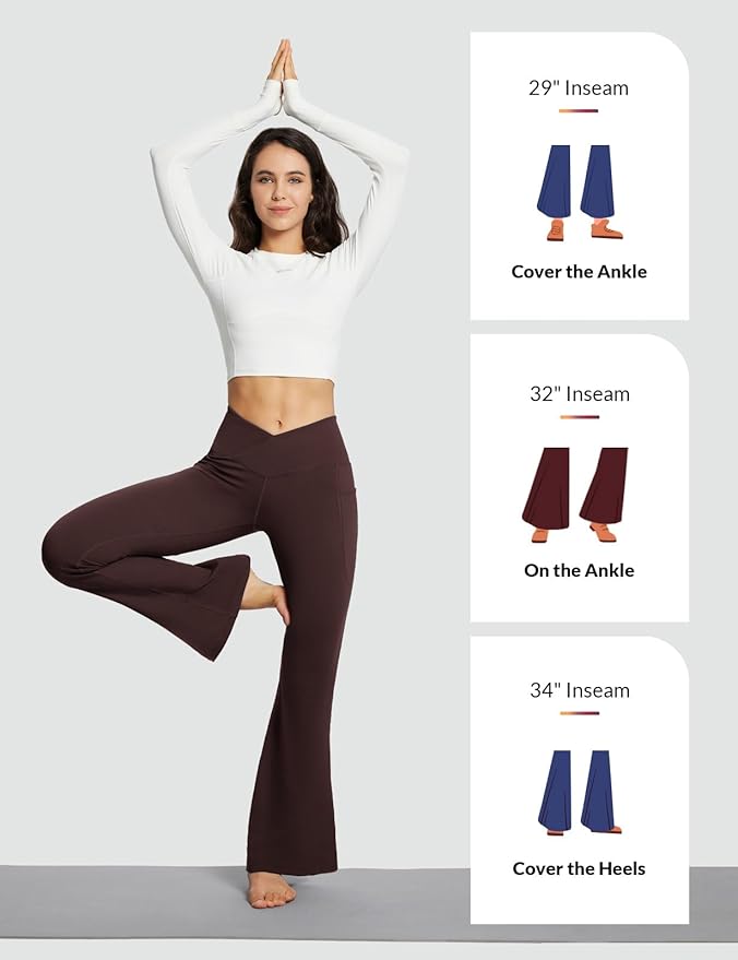 baleaf Women's V Crossover Flare Leggings with Pockets Yoga Pants High Waist Casual Workout Gym Bell Bottom Leggings-GravixFit