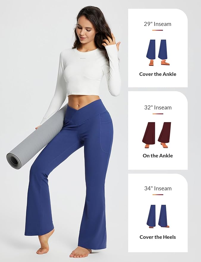 baleaf Women's V Crossover Flare Leggings with Pockets Yoga Pants High Waist Casual Workout Gym Bell Bottom Leggings-GravixFit