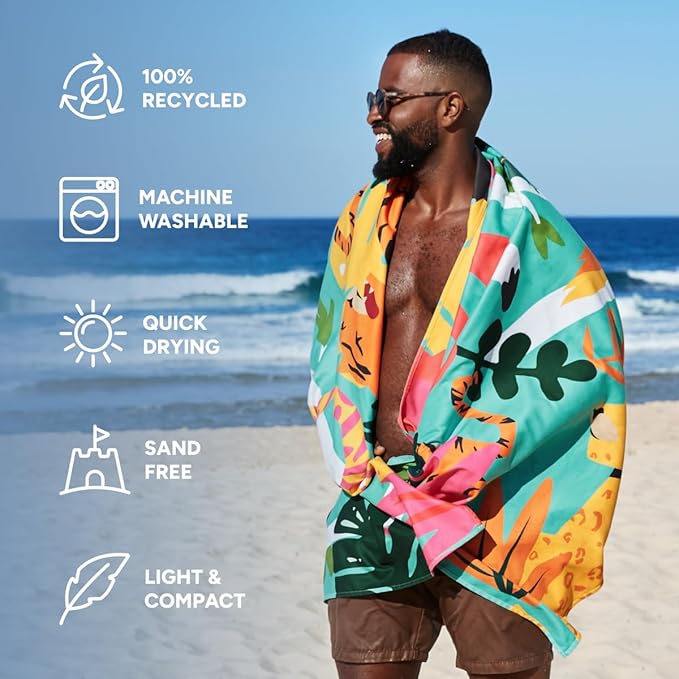 Dock & Bay Beach Towel - Quick Dry, Sand Free - Compact, Lightweight - 100% Recycled - Includes Bag - Wild Things - Extra Large (200x90cm, 78x35)-GravixFit