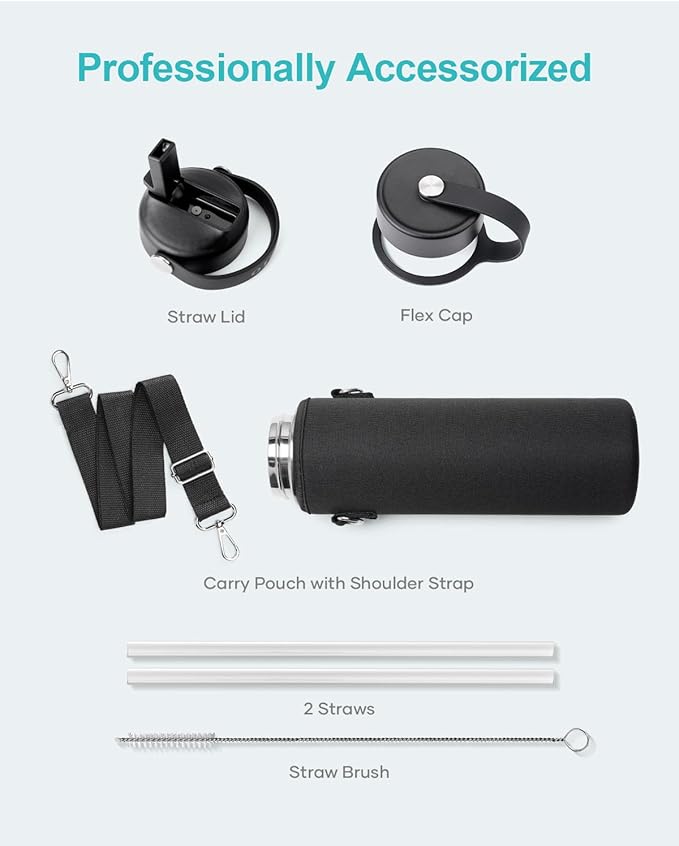 BUZIO Insulated Water Bottle with Straw Lid and Flex Cap, 22oz Modern Double Vacuum Stainless Steel Water Flask, Cold for 48 Hrs Hot for 24 Hrs Simple Thermo Canteen Mug, Indigo Black-GravixFit