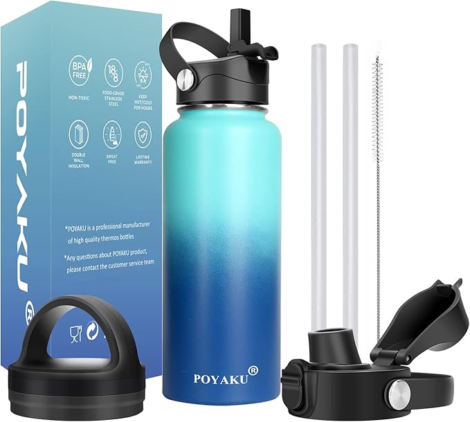 Water Bottle Insulated 32oz 40oz 64oz 128oz Straw Lid Spout Lid & 3 Lids, Leak Proof, Vacuum Insulated,Stainless Steel Water Bottle Wide Mouth for Sports, Gym or Office-GravixFit