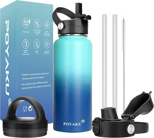 Water Bottle Insulated 32oz 40oz 64oz 128oz Straw Lid Spout Lid & 3 Lids, Leak Proof, Vacuum Insulated,Stainless Steel Water Bottle Wide Mouth for Sports, Gym or Office-GravixFit