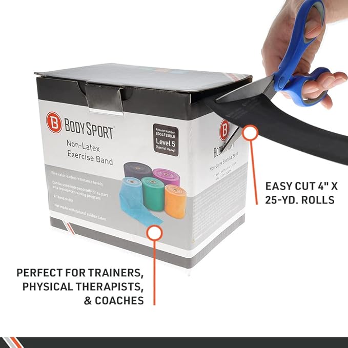 Body Sport Exercise Bands - 25 yd. Roll of Heavy Resistance Bands for Stretching, Fitness or Physical Therapy, Non-Latex - Extra Heavy Medium Resistance - Green-GravixFit