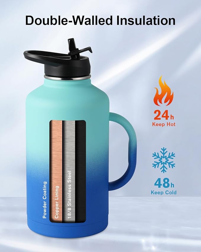 Trebo Half Gallon Water Bottle Insulated with Handle, 64 oz Double Wall Stainless Steel Metal Large Jug, Travel Flask with Straw Spout Lid, Mug Tumbler Cup with Carry Pouch, Keep Cold Hot, Blue-GravixFit