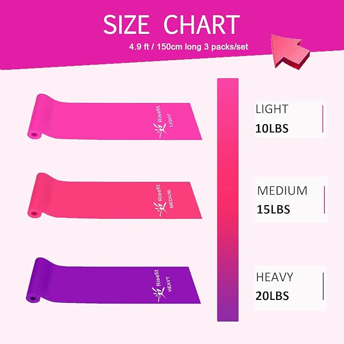 Therapy Flat Resistance Bands Set, Latex Free Flat Elastic Exercise Stretch Bands for Stretching, Flexibility, Pilates, Yoga, Ballet, Gymnastics, Rehab, Workout, Pink, Purple, Blue (3 Pack, 5 FT long)-GravixFit