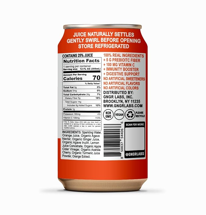 '+GNGR Sparkling Vitamin C Prebiotic Drink - Caffeine free - 5g Prebiotic Fiber - Orange Juice - Ginger Juice - Turmeric - Acerola - Apple Cider Vinegar - Prebiotic Soda - Immunity (12 oz - 12 Pack)-GravixFit