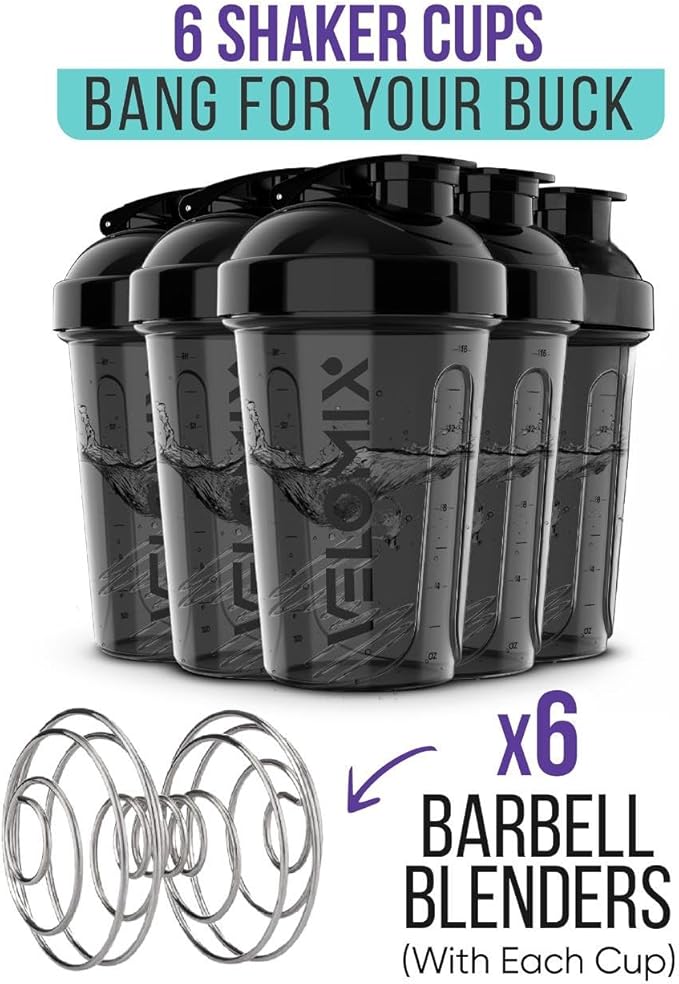 '-6 PACK- Shaker Cups for Protein Shakes 20 oz - 6x Wire Whisk | Leak Proof Protein Shaker Bottle for Protein Shakes, Shaker Bottle Pack for Pre & Post Workout, Shaker Cup (ALL IN BLACK)-GravixFit