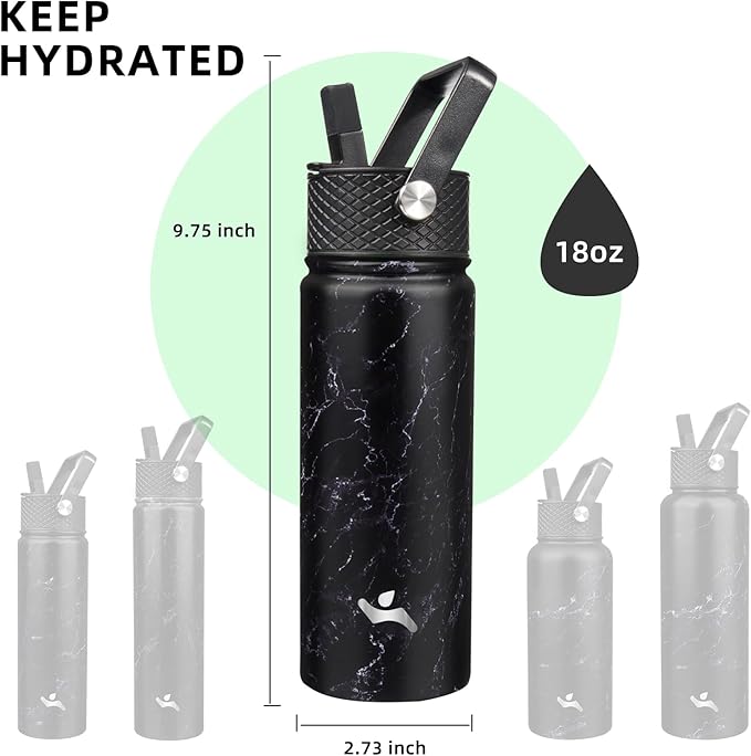 18 oz Insulated Water Bottle Stainless Steel Sport Bottles with 3 Lids,Marble Midnight-GravixFit