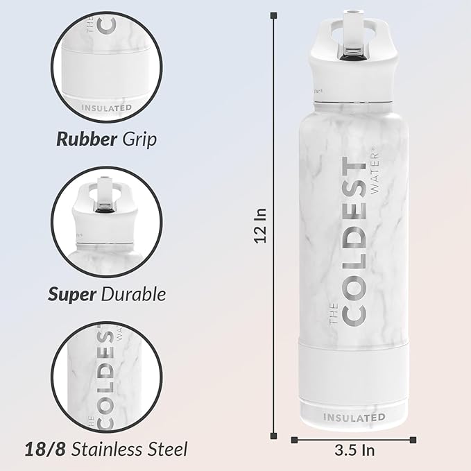 Coldest Insulated Water Bottle with Straw Lid - Stainless Steel Metal Insulated Bottle for Men & Women (Carrara Marble, 40 oz)-GravixFit