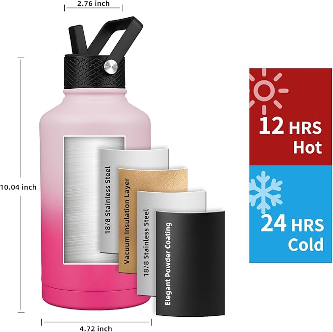 Insulated Water Bottle 64oz,Triple Wall Vacuum Stainless Steel(Dishwasher Safe),Leak Proof & Non-BPA,Flask Jug with Paracord Handle & Straw Spout Lids Sports-GravixFit