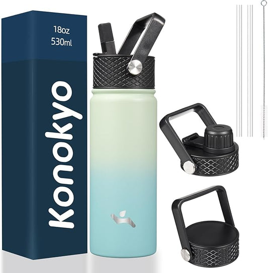 18 oz Insulated Water Bottle Stainless Steel Sport Bottles with 3 Lids,Mint-GravixFit