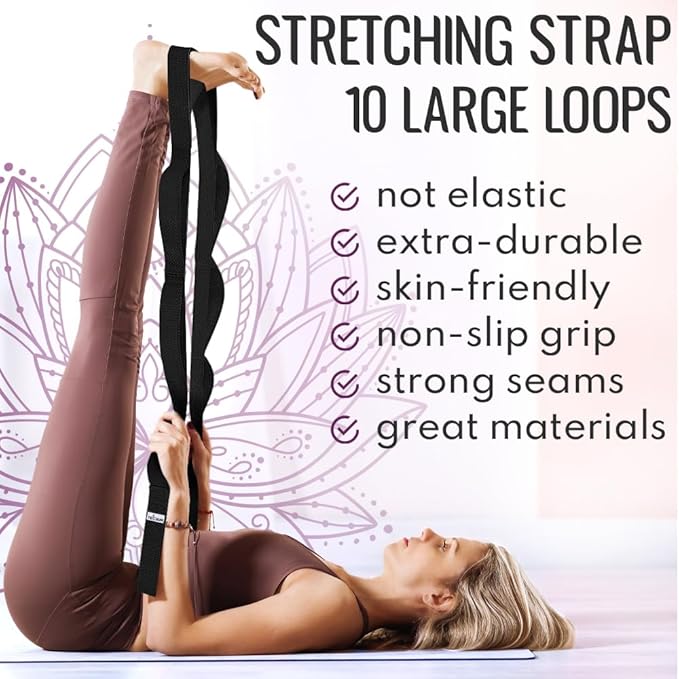 TECEUM Stretching Strap for Yoga & Physical Therapy – 10 Loops – Non-Elastic Leg Stretch Straps for Stretching, Exercising, Pilates, Post-Injury Rehabilitation for All Levels – Men & Women-GravixFit
