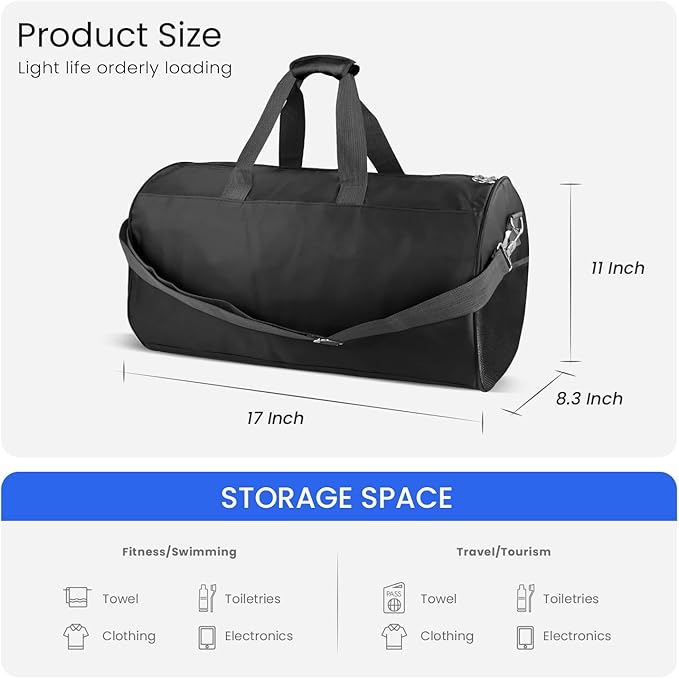 C&F BOGMOST Small Gym Bag for Travel & Duffel - 17 Inch Lightweight Carry On Bag for Men & Women, Mini Duffel Bag,Perfect for Sports, Weekend Trips, and Overnight Stays, Black-GravixFit