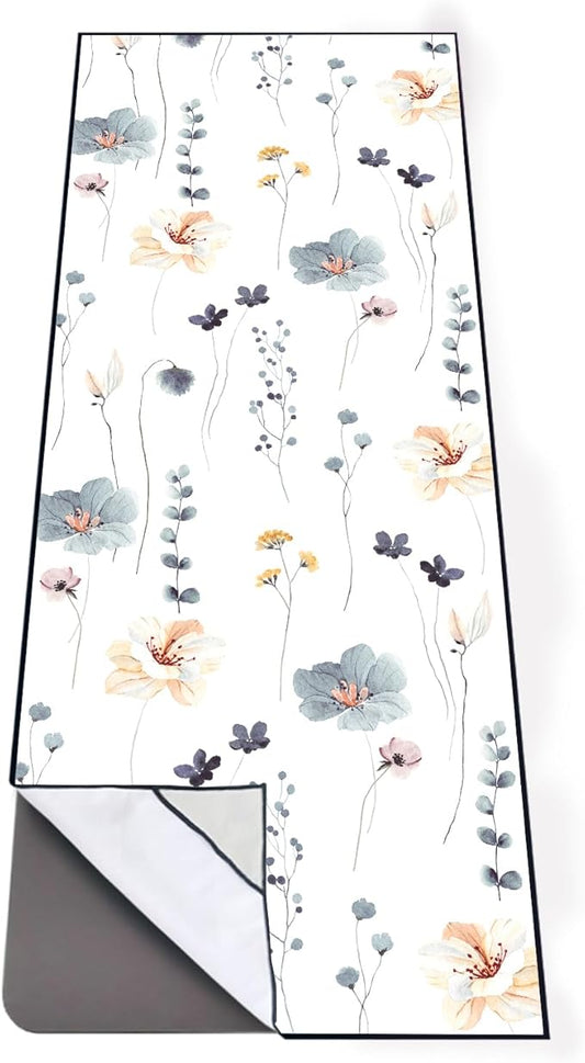 QiyI Floral Yoga Mat Towel with Corner Pockets, Non Slip Sweat Absorbent Hot Yoga Towels, Soft Yoga Blankets with Travel Bag, Mat Cover for Workout, Gym, Fitness - 70"x26", Watercolor Flowers-GravixFit