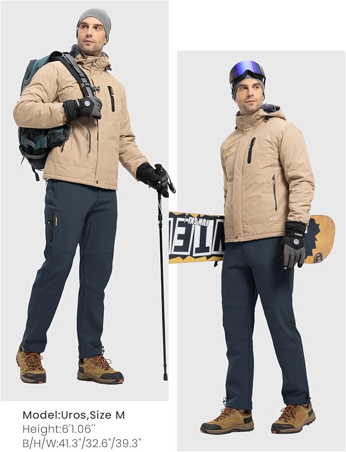 Rdruko Men's Snow Pants Waterproof Insulated Winter Hiking Pants Snowboard Fleece Lined Softshell Ski Pants