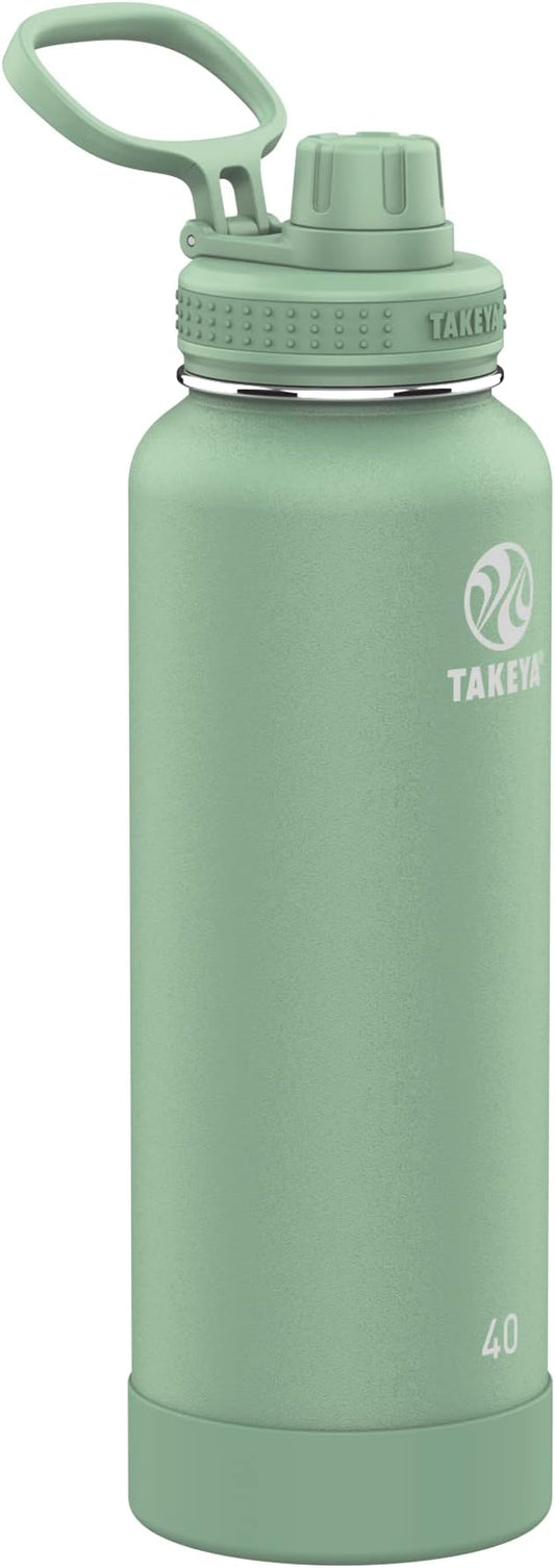 Takeya Actives Water Bottle with Spout Lid - Bottle with Double Stainless Steel Insulation - Dishwasher Safe & BPA-Free - Bottle with Spout Lid & Removable Bumper - 40 oz, Cucumber-GravixFit