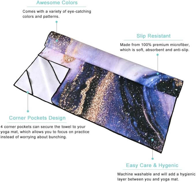 QIYI Large Yoga Mat Towel with Corner Pockets, Non Slip Sweat Absorbent Hot Yoga Towels, Soft Yoga Blankets with Travel Bag, Skidless Mat Cover for Workout, Gym, Fitness - 74"x26", Purple & Pink Grain-GravixFit