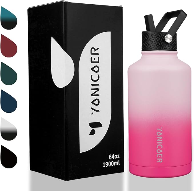 Insulated Water Bottle 64oz,Triple Wall Vacuum Stainless Steel(Dishwasher Safe),Leak Proof & Non-BPA,Flask Jug with Paracord Handle & Straw Spout Lids Sports-GravixFit