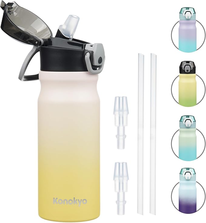 Insulated Water Bottle with Straw and Carry Loop,18 oz Stainless Steel Double Wall Vaccum Metal Water Flask with Leak-proof Lid,Lemon-GravixFit