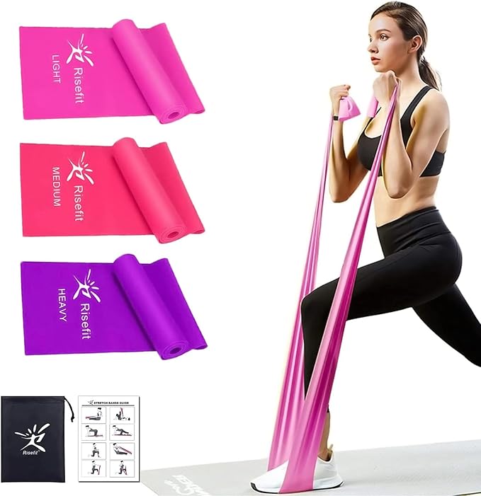 Therapy Flat Resistance Bands Set, Latex Free Flat Elastic Exercise Stretch Bands for Stretching, Flexibility, Pilates, Yoga, Ballet, Gymnastics, Rehab, Workout, Pink, Purple, Blue (3 Pack, 5 FT long)-GravixFit