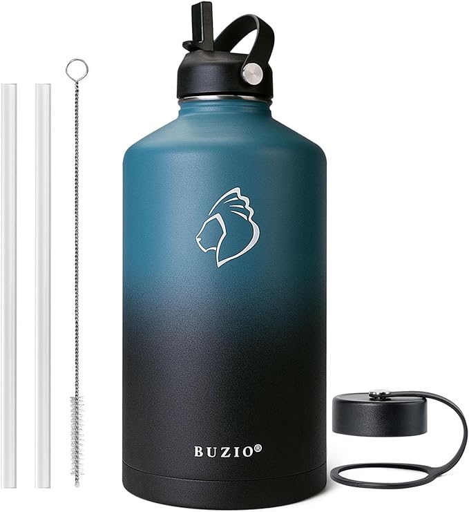 BUZIO 1 Gallon Water Bottle Insulated with Straw Lid, 128oz Large Water Jug Stainless Steel Metal Vacuum Water Flask Leak Proof 18/8 Food Grade Thermo Mug Keep Cold 48H & Hot 24H, Indigo Crush-GravixFit