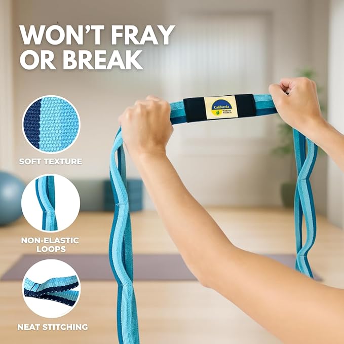 California Yoga Strap | Yoga Belt with Loops | 12 Multi Loop & Non-Elastic | Stretching Strap | Gym Workout & Exercise Bands | Physical Therapy | Improves Sitting Posture for Women & Men-GravixFit